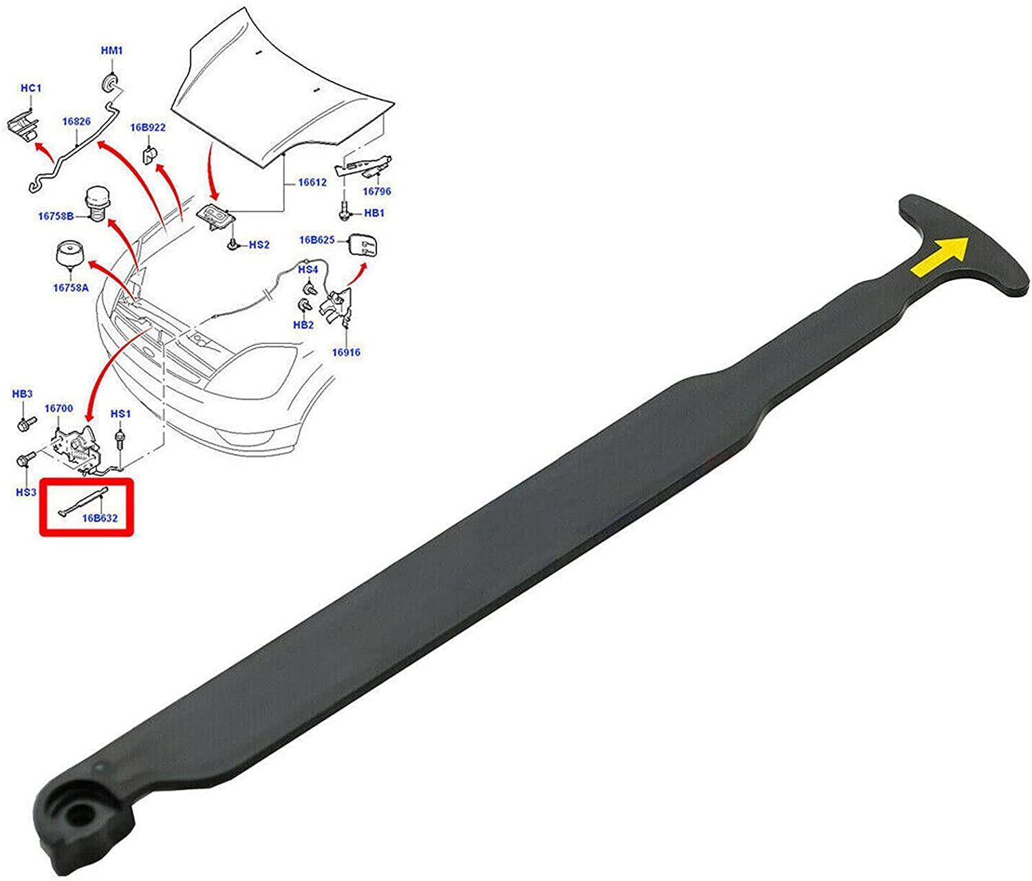 Ford Fiesta 2001-2007 Тяга замка капота НОВЫЙ SH-8517  Fiesta 2001-2008 (1250328) 2S6H16B632AE 2S6H16B632AD 2S6H16B632AC