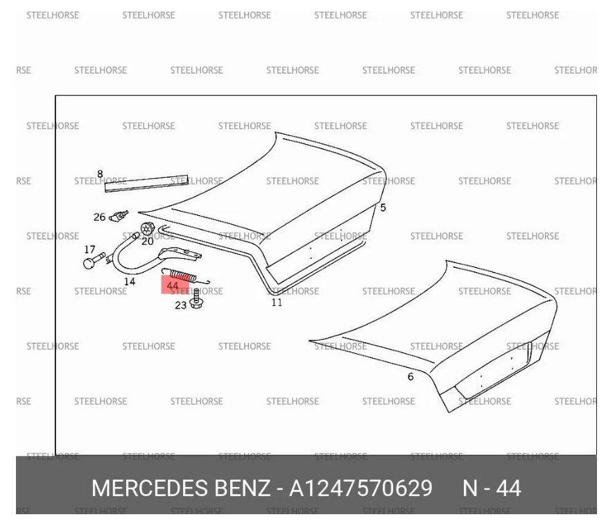 Пружина петли крышки багажника Mercedes W124 Мерседес 124 1984-1995, новая аналог для 1247570629; MH-8654